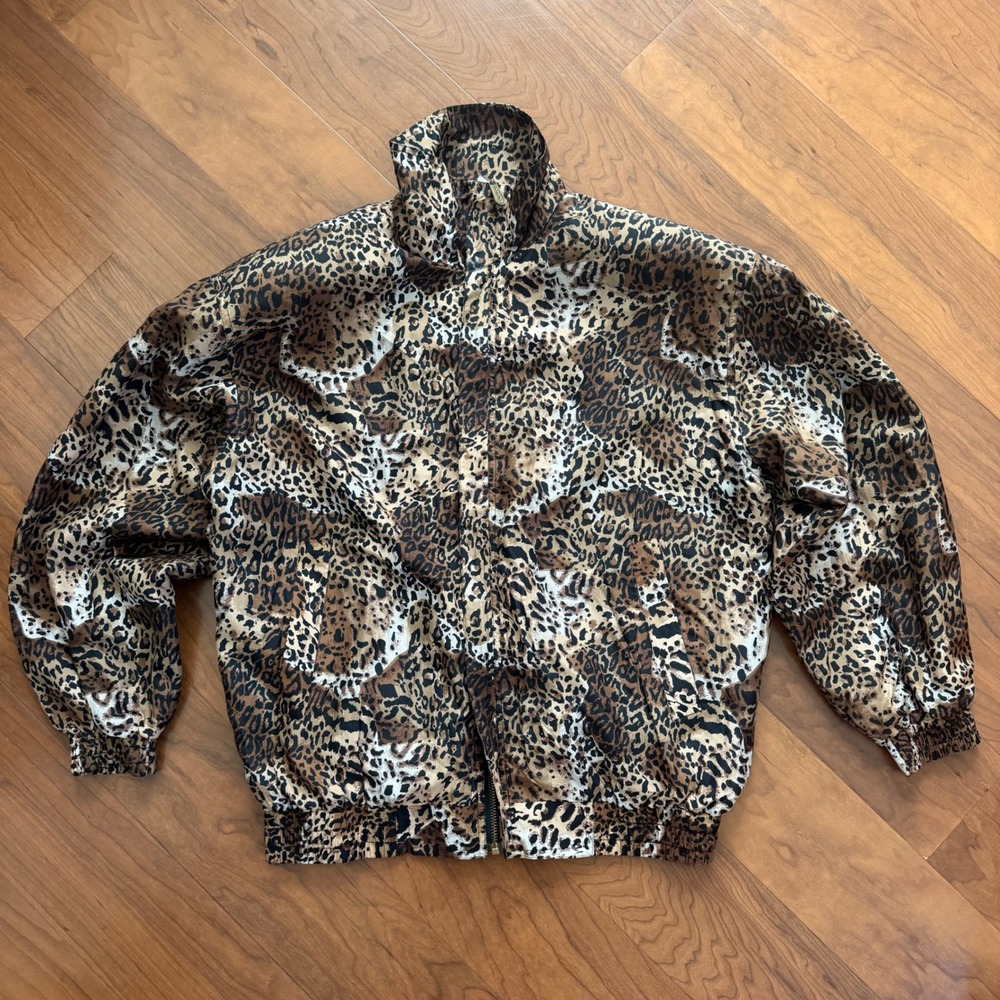 Vintage coAco Silk Bomberβ Jacket Leopard Cheetah Print Woman's M Glam Mob Wife